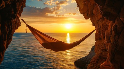 A hammock hanging between two towering cliffs with the vast expanse of a sunsetlit ocean as the...