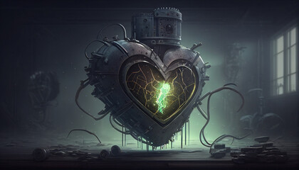 The image is of a steampunk heart. It is made of metal and has a green light in the center. There are wires and tubes connected to it.

