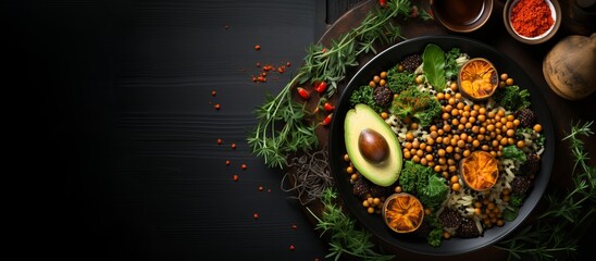 Top view of a black bowl containing a salad made with avocado, quinoa, roasted sweet potato, spinach, and chickpeas. Left copy space.