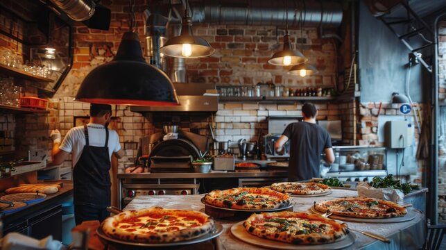 A stylish pizzeria interior with brick walls and industrial decor, pizzas being served