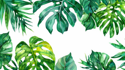 Watercolor Tropical green leaves frame on white background with copy space, dense jungle. Summer floral background. Exotic palm leaves, jungle tree, tropic botany elements. Perfect for fabric design.