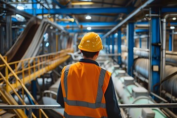 Engineer inspecting recycling system in factory. Concept Industrial engineering, Recycling process, Factory inspection, Waste management, Sustainable practices