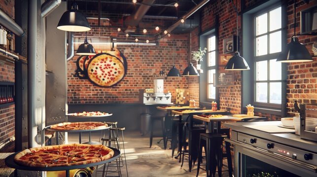 A stylish pizzeria interior with brick walls and industrial decor, pizzas being served