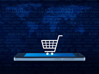 Shop cart icon on modern smart mobile phone screen over world map and computer binary code blue...