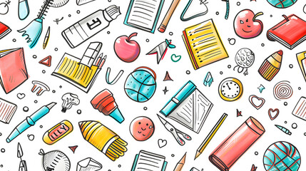 Back to school doodle seamless pattern hand drawn background colorfull 