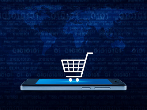 Shop cart icon on modern smart mobile phone screen over world map and computer binary code blue background, Shopping online concept, Elements of this image furnished by NASA