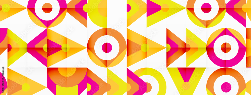 Poster An artistic composition showcasing a vibrant display of magenta triangles and circles in a symmetrical pattern on a white canvas. A creative blend of colorfulness, symmetry, and visual arts