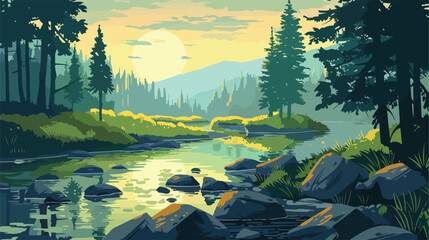 Summer landscape with forest and river. Vector flat style