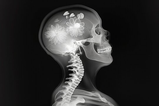 Striking human skull with flower imagery, ideal for evocative Halloween themes and educational anatomy visuals..Real X-Ray Images - Powered by Adobe
