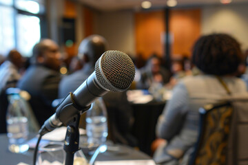 The microphone at a small business forum ready to amplify the stories of entrepreneurs overcoming economic challenges
