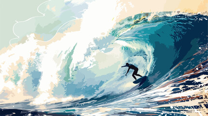 Surfer riding big ocean waves in Nazare Portugal. Vector