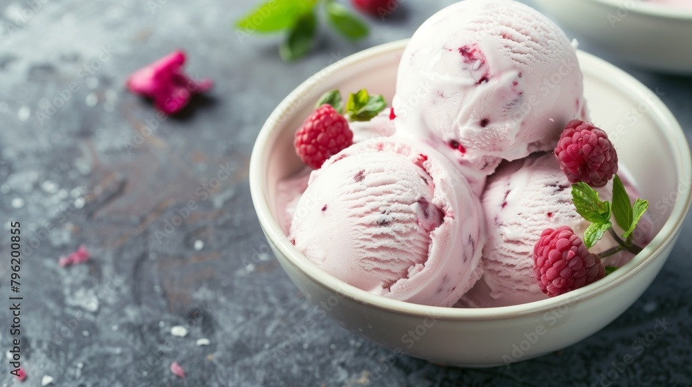 Poster a bowl of raspberry ice cream garnished with fresh berries and mint leaves