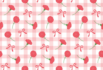 seamless pattern with carnations, ribbons and gingham plaid for greeting cards, flyers, social media wallpapers, etc. 