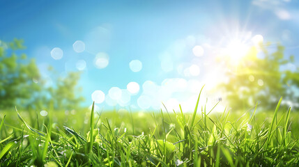 Fototapeta na wymiar Beautiful sunny spring meadow with green grass and blue sky