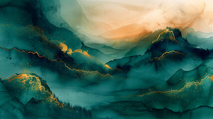 abstract painting mountain landscape by fluid green watercolor ink with gold accent of sunlight sky...