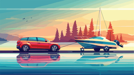 SUV car with a driver tows a trailer with a boat. Vector