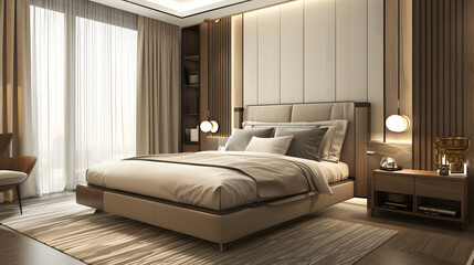 Obraz premium A stylishly furnished modern bedroom featuring a large double bed with grey bedding, surrounded by wooden paneling and soft lighting. Room has a warm and inviting ambiance with elegant decor elements