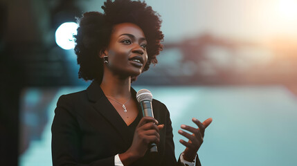 African American businesswoman engagingly delivering a presentation. She is dressed in a professional black suit, holding a microphone, and confidently expressing her ideas, illustrating leadership