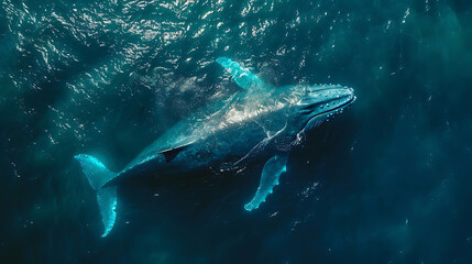 A blue whale, drone footage zoom, scene of a on sunset golden hour, looks like in a paradise, blue sky, White crystal clear water