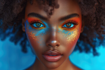 Closeup portrait of a beautiful Black woman with creative makeup on a blue background