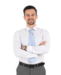 Handsome businessman smiling on white background