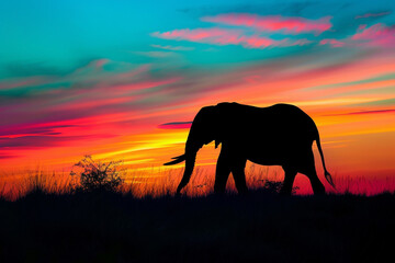 The silhouette of a majestic animal against the colorful horizon high resorution