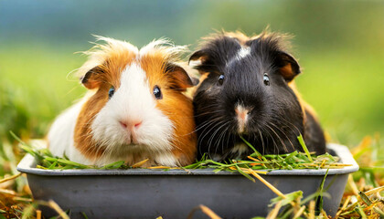 Closeup of two guinea pig puppies looking at camera, one black, the other ginger and white, sitting in a brown rectangular tray full of cut grass and blurred green background. Generative Ai.