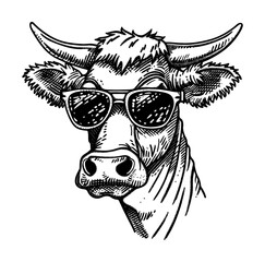 bull wearing sunglasses engraving black and white outline