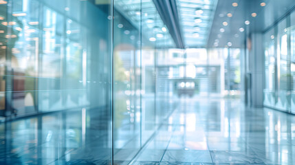 blurred perspective of sleek, modern glass hallway illuminated by soft, ambient light Ideal for conveying concepts of corporate design futuristic architecture tranquil ambiance of contemporary spaces