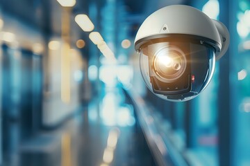 Security camera installed in building to monitor and record criminal activity. Concept Security camera, Building surveillance, Criminal activity, Monitoring system - obrazy, fototapety, plakaty