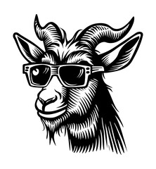 goat wearing sunglasses engraving black and white outline