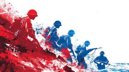 illustration pour les célébrations du débarquement Américain en Normandie en juin 1944 - rouge et bleu - obrazy, fototapety, plakaty