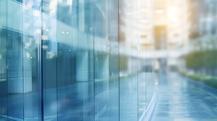 sunlit, blurred view of a modern glass corridor, highlighting the play of light and reflections in a contemporary office setting. It symbolizes transparency and openness in modern corporate environmen