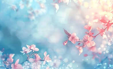Fototapeta na wymiar Beautiful spring background with a blooming tree branch in pastel blue and pink colors