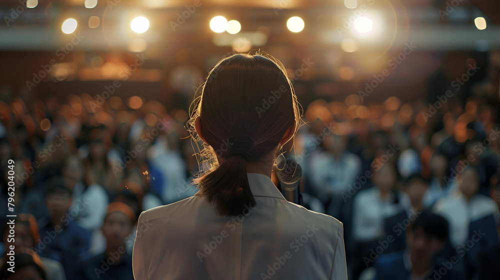 Wall mural Back view of professional female business entrepreneur giving lecture, seminar in front of audience holding microphone