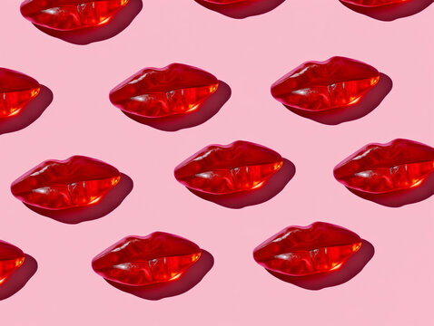 Pattern of red shiny candy lips on a pink background. Repetitive pattern photography. Beauty and fashion concept. Design for makeup artist business card, beauty blog background,