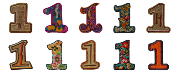 Embroidered number one collection with floral and abstract accents cut out png on transparent background