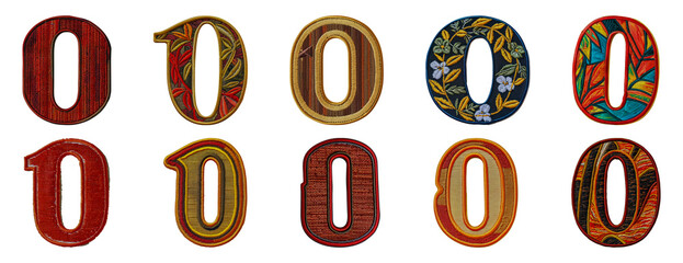 Assorted embroidered number zero designs with floral and patterned motifs cut out png on transparent background
