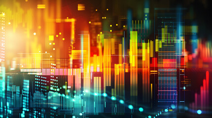 financial data overlaid on urban skyline silhouette. Brightly colored bars lines and dots depict market trends and trading volumes making it ideal representation for financial reports market analysis