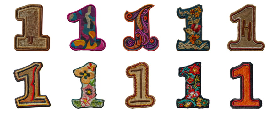Embroidered number one collection with floral and abstract accents cut out png on transparent background