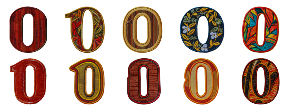 Assorted embroidered number zero designs with floral and patterned motifs cut out png on transparent background