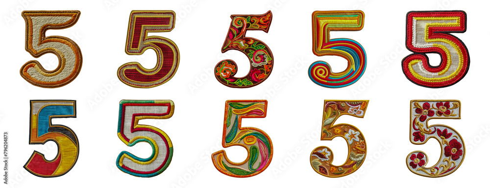 Wall mural Eclectic embroidered number five assortment with vibrant patterns and designs cut out png on transparent background