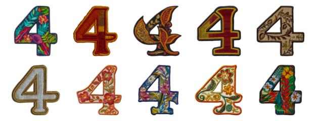 Diverse number four embroidery set with bold floral and traditional designs cut out png on transparent background