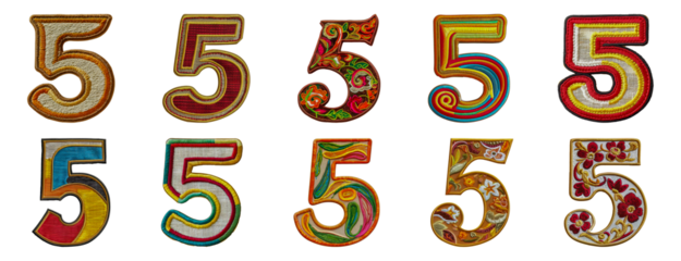 Eclectic embroidered number five assortment with vibrant patterns and designs cut out png on transparent background