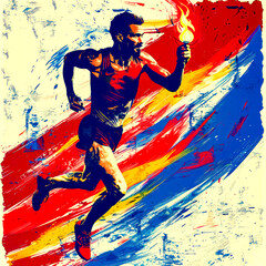 Painting of man running with fire in his hand and flag in the background.