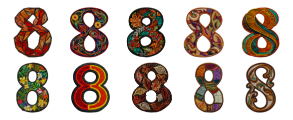 Varied number eight embroidery designs featuring colorful patterns and motifs cut out png on transparent background