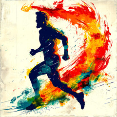 Man running in marathon with splash of paint on the background.