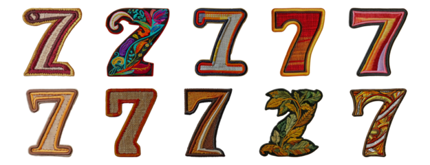 Collection of embroidered number seven with intricate designs and textures cut out png on transparent background