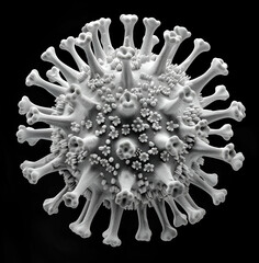 The virus is depicted as a large, round ball with many small circular protrusions on its surface that resemble tiny, rounded spikes