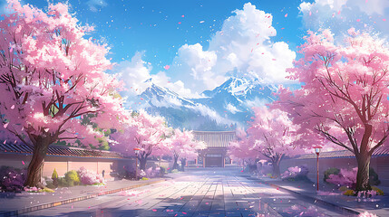  Anime-style illustration landscape of cherry blossoms in full bloom and schooling